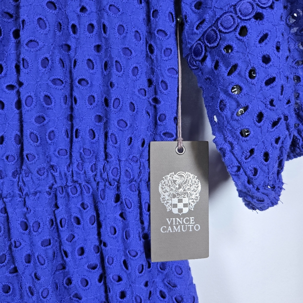 NEW Vince Camuto Blue Eyelet Fit & Flare Cotton Tassle Waist Midi Dress Size 6 - Picture 8 of 14